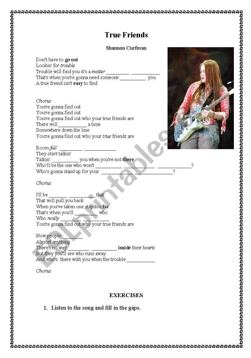 Song: True friends worksheet