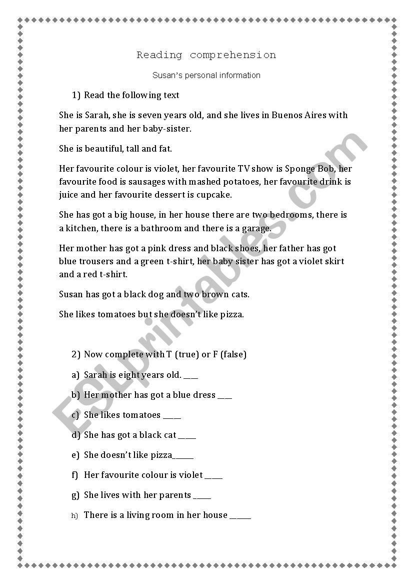 Reading comprehension  worksheet