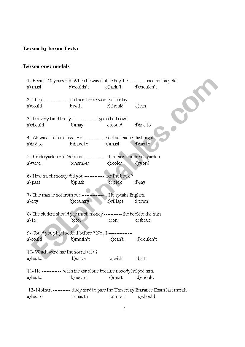 grammar test worksheet