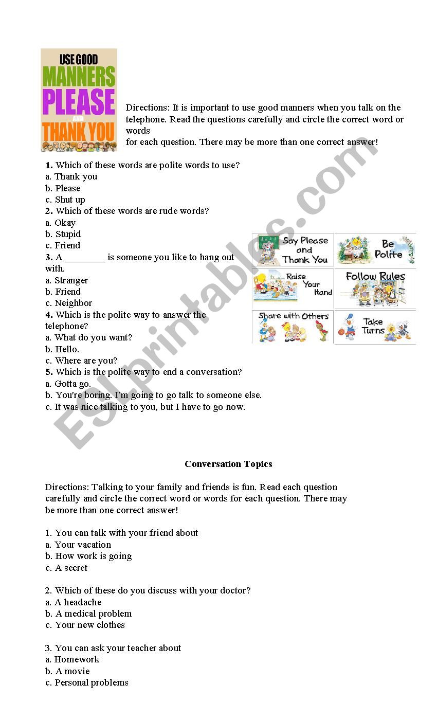 Conversation about manners worksheet