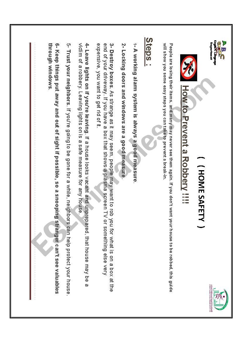 Home safety brochure  worksheet