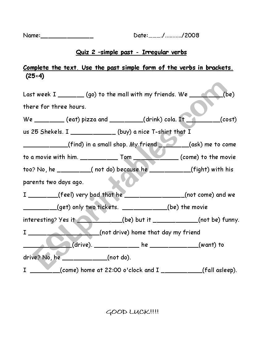 A quiz - irregular verbs worksheet