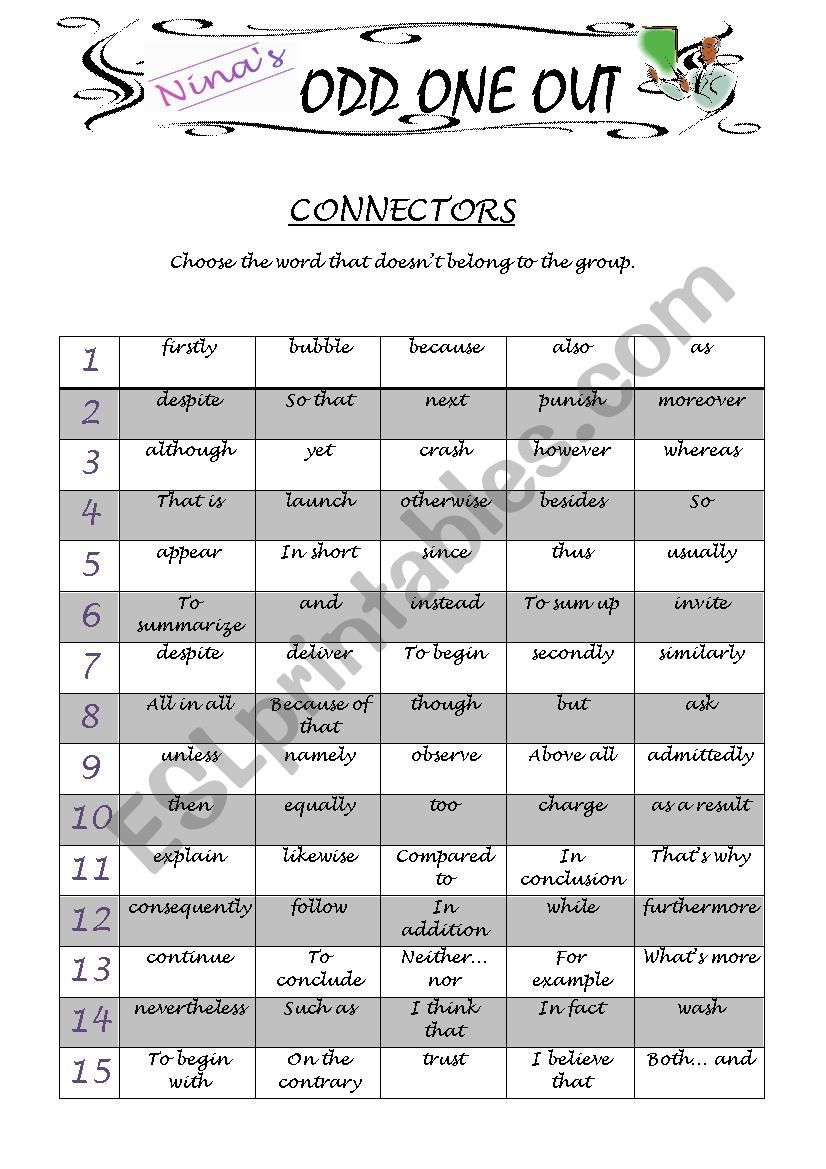 ODD ONE OUT - Connectors worksheet