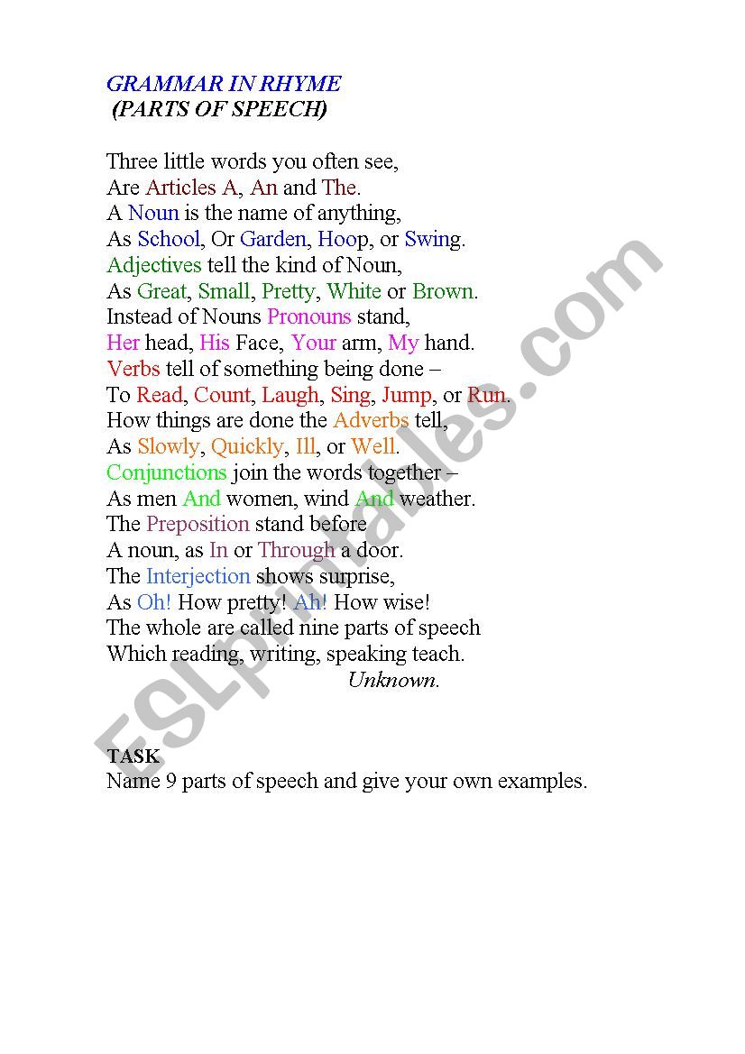 GRAMMAR IN RHYME (parts of speech)