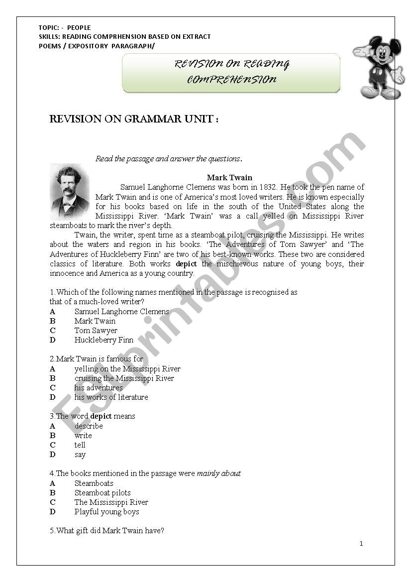 20 READING COMPREHENSION WITH MULTIPLE CHOICE ANSWERS