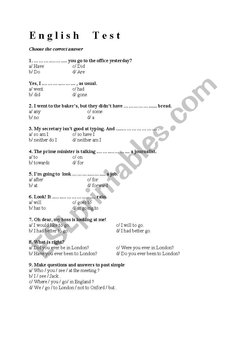 TEST  worksheet