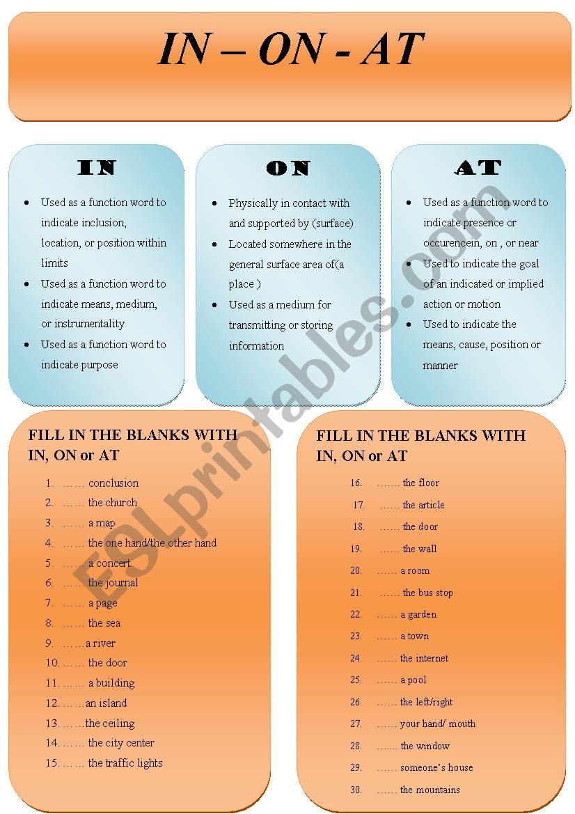 PREPOSITIONS IN, ON , AT EXERCISES