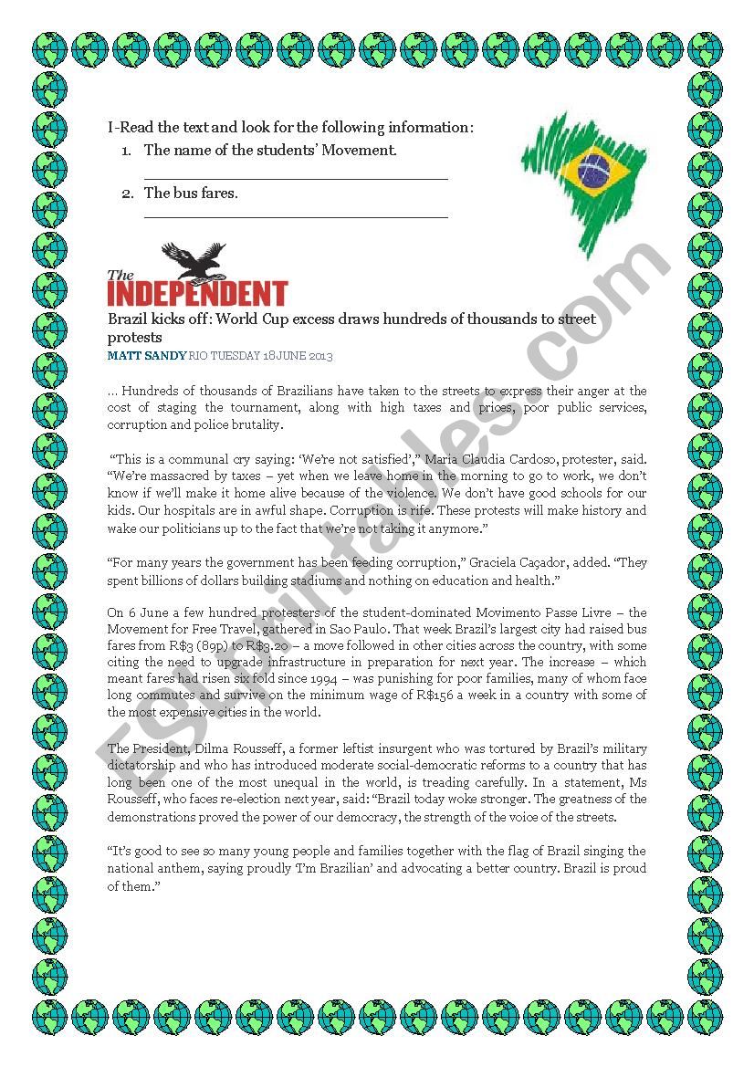 Protest in Brazil worksheet