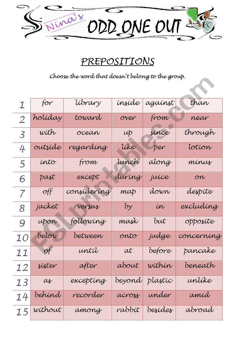 ODD ONE OUT - Prepositions worksheet