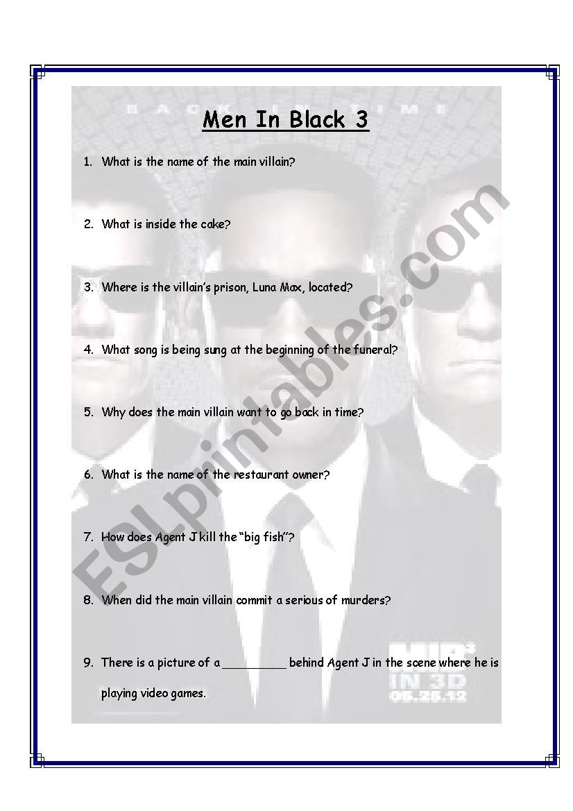 Men in Black 3  worksheet