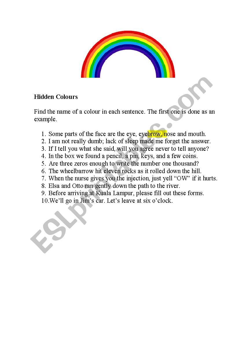 HIDDEN COLOURS (a word game) worksheet