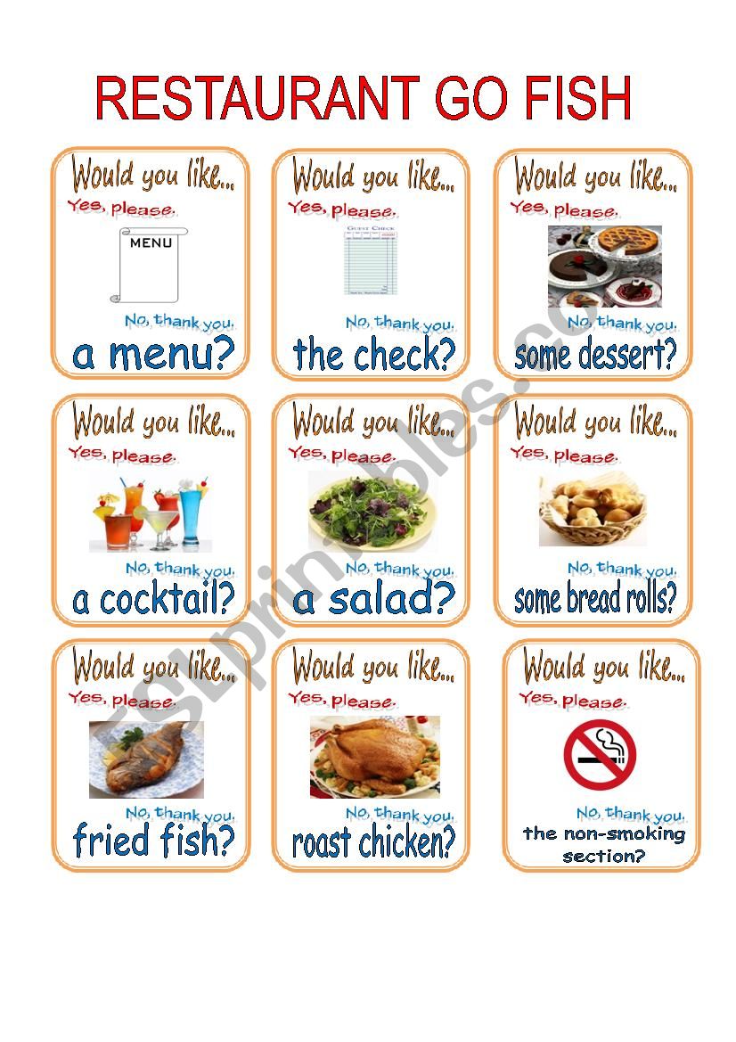 Restaurant Go Fish 1/2 worksheet