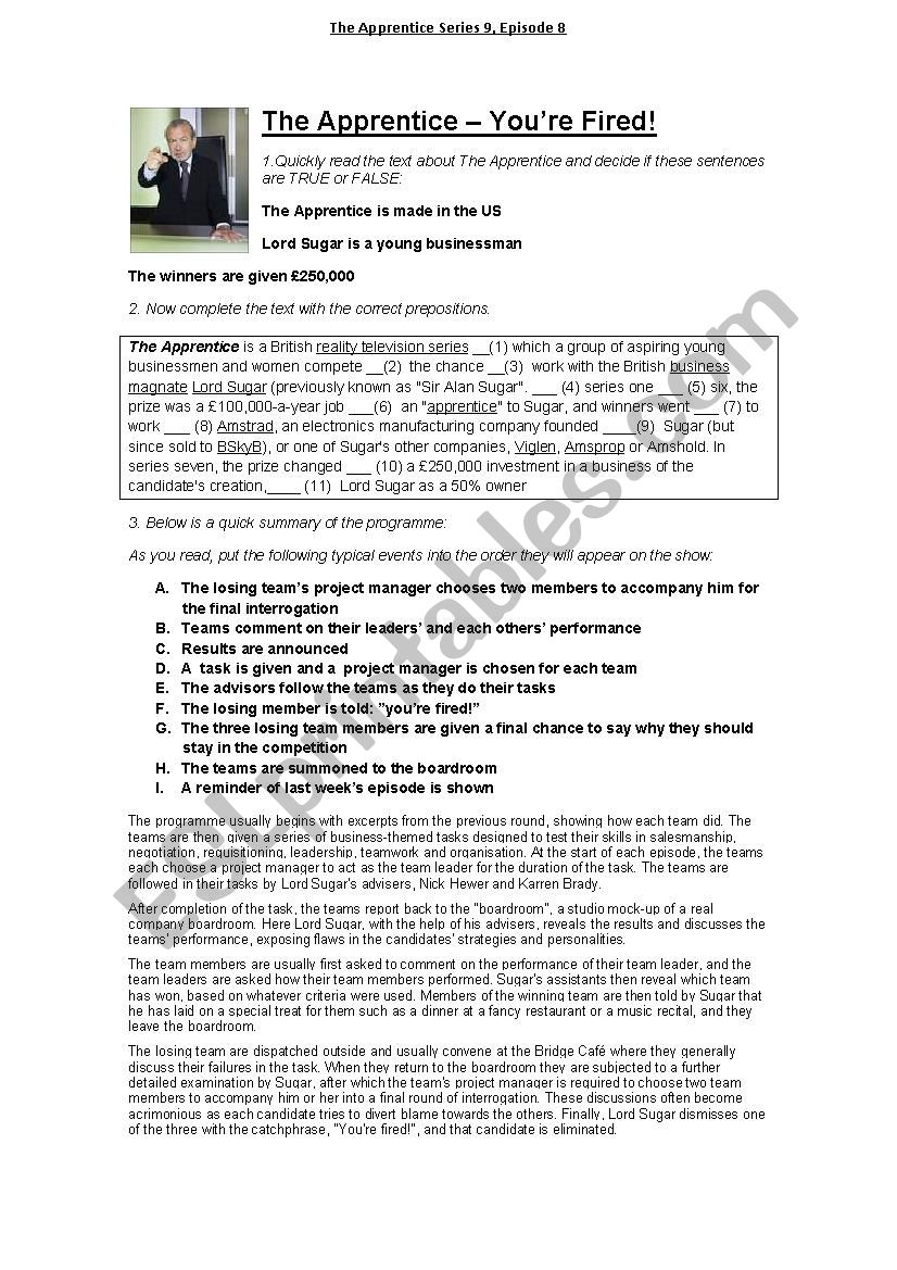 The Apprentice Series 9 Episode 8 Worksheet