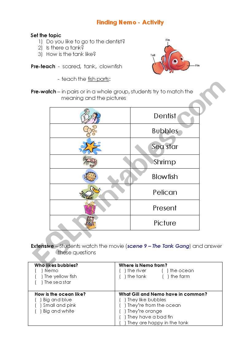 Finding Nemo - Video Activity worksheet