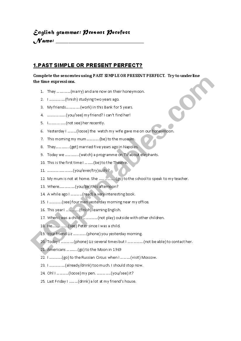 Present perfect worksheet