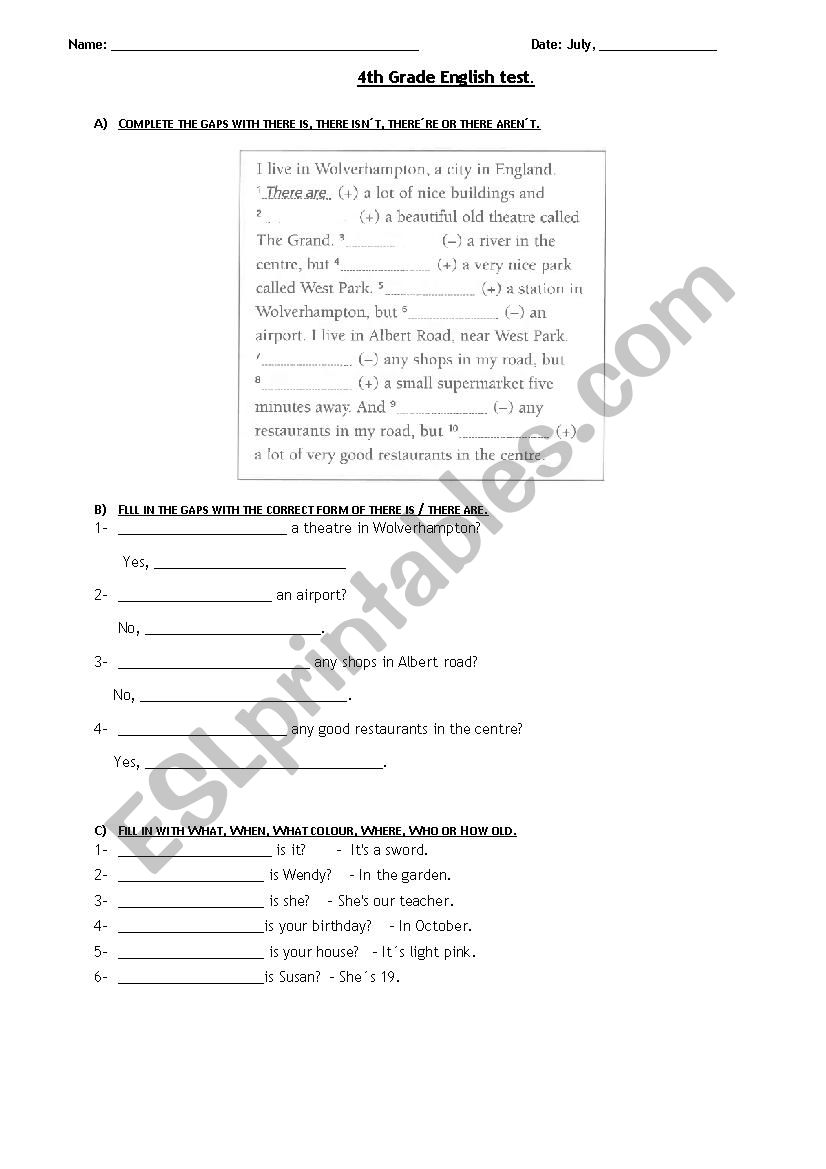 vocabulary + grammar test worksheet