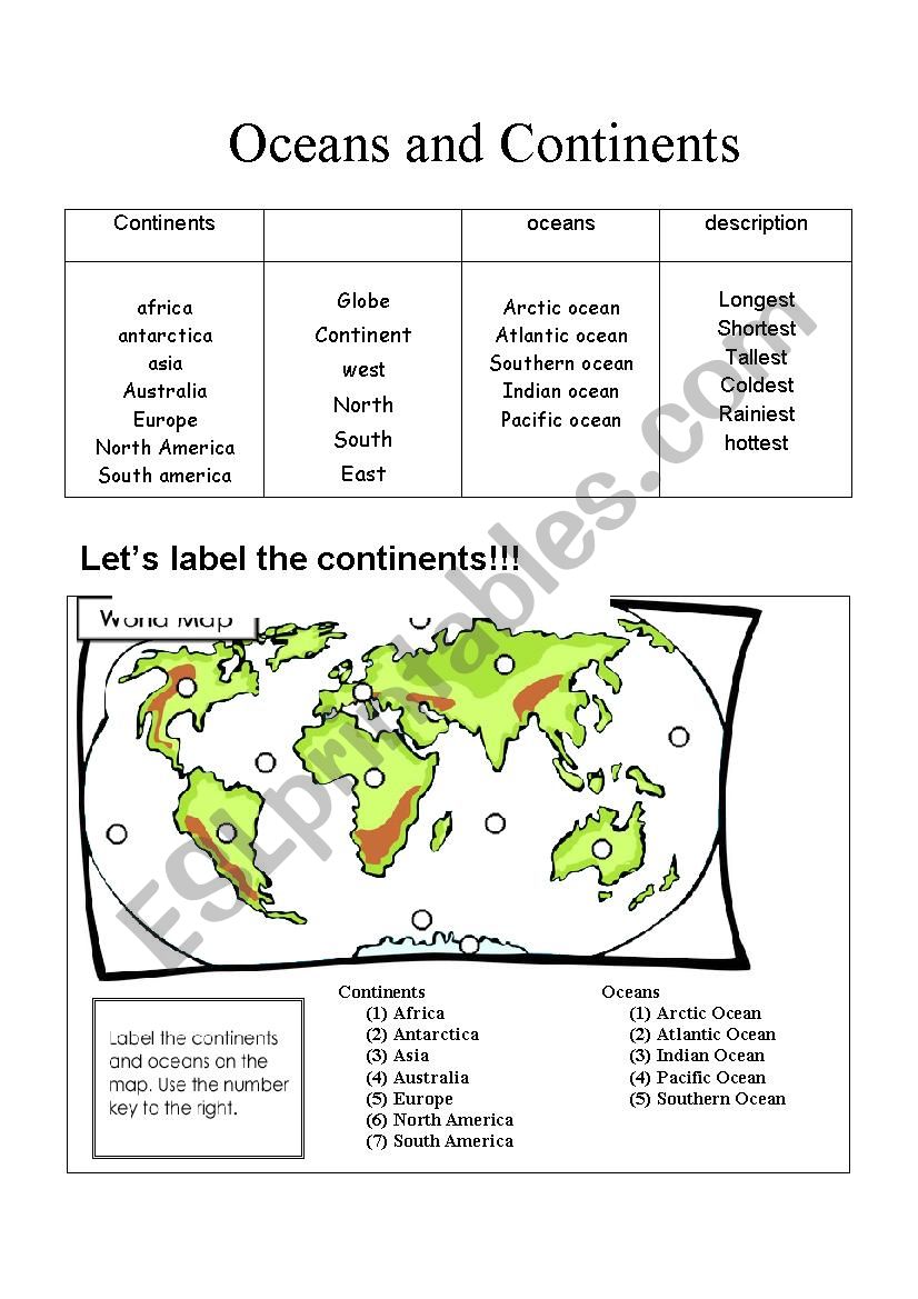 continents and oceans worksheet