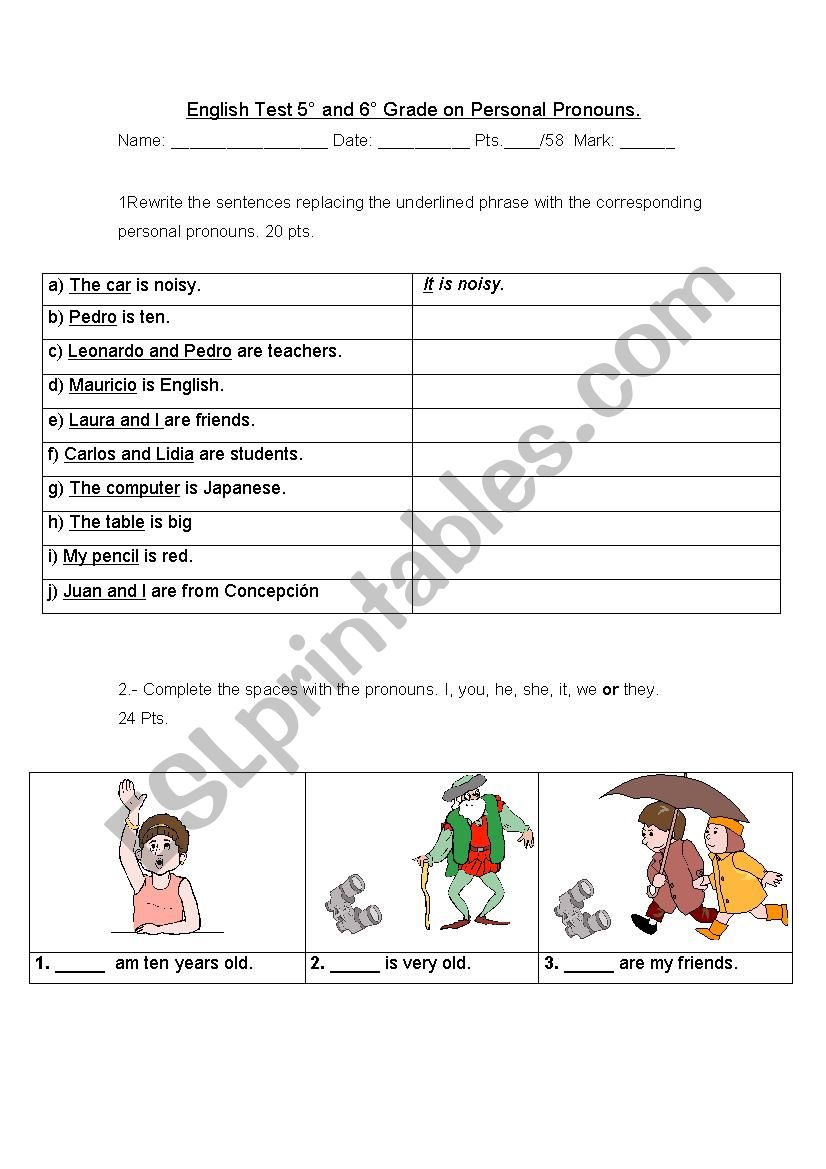 Personal Pronouns Test worksheet