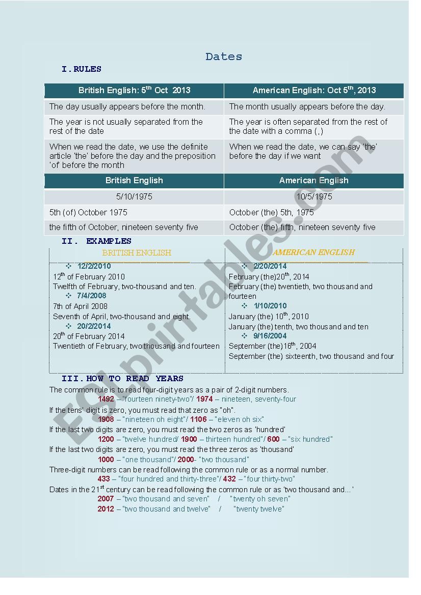 Dates worksheet