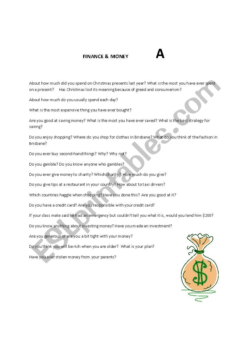 Money Conversation Questions worksheet