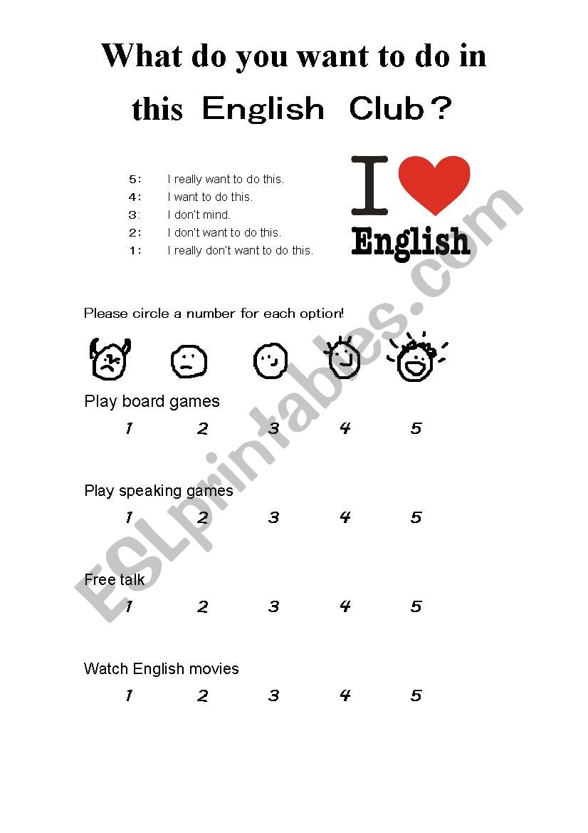 English Club Activities Survey - ESL worksheet by GreenFloyd