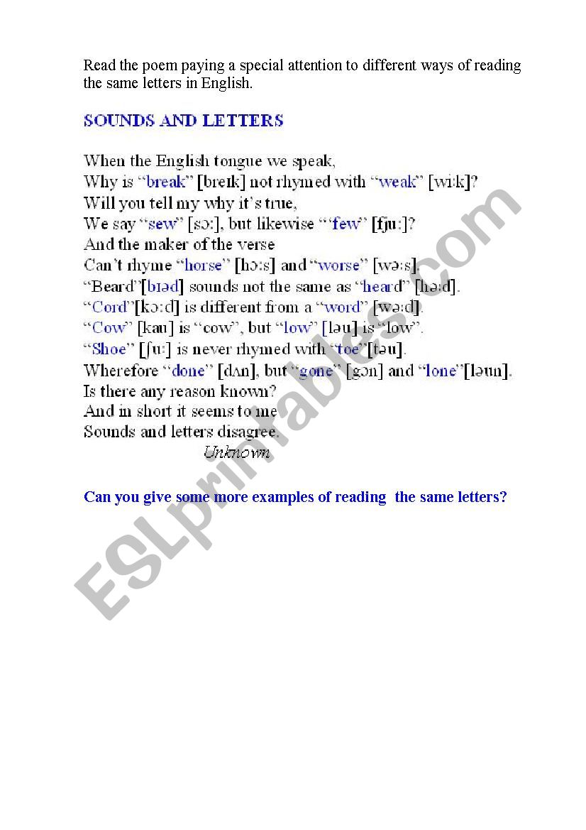 SOUNDS AND LETTERS (a poem) worksheet