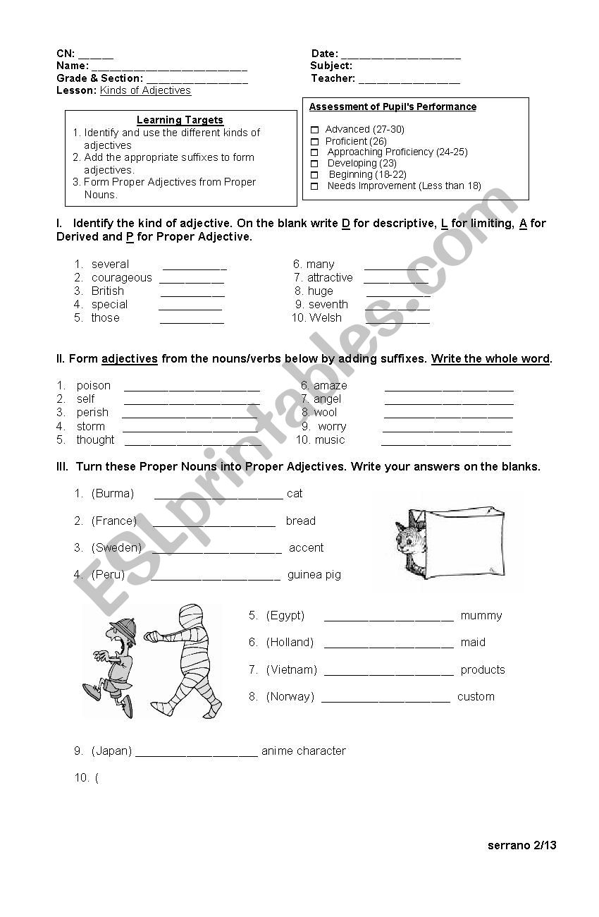 Kinds of Adjectives Test worksheet