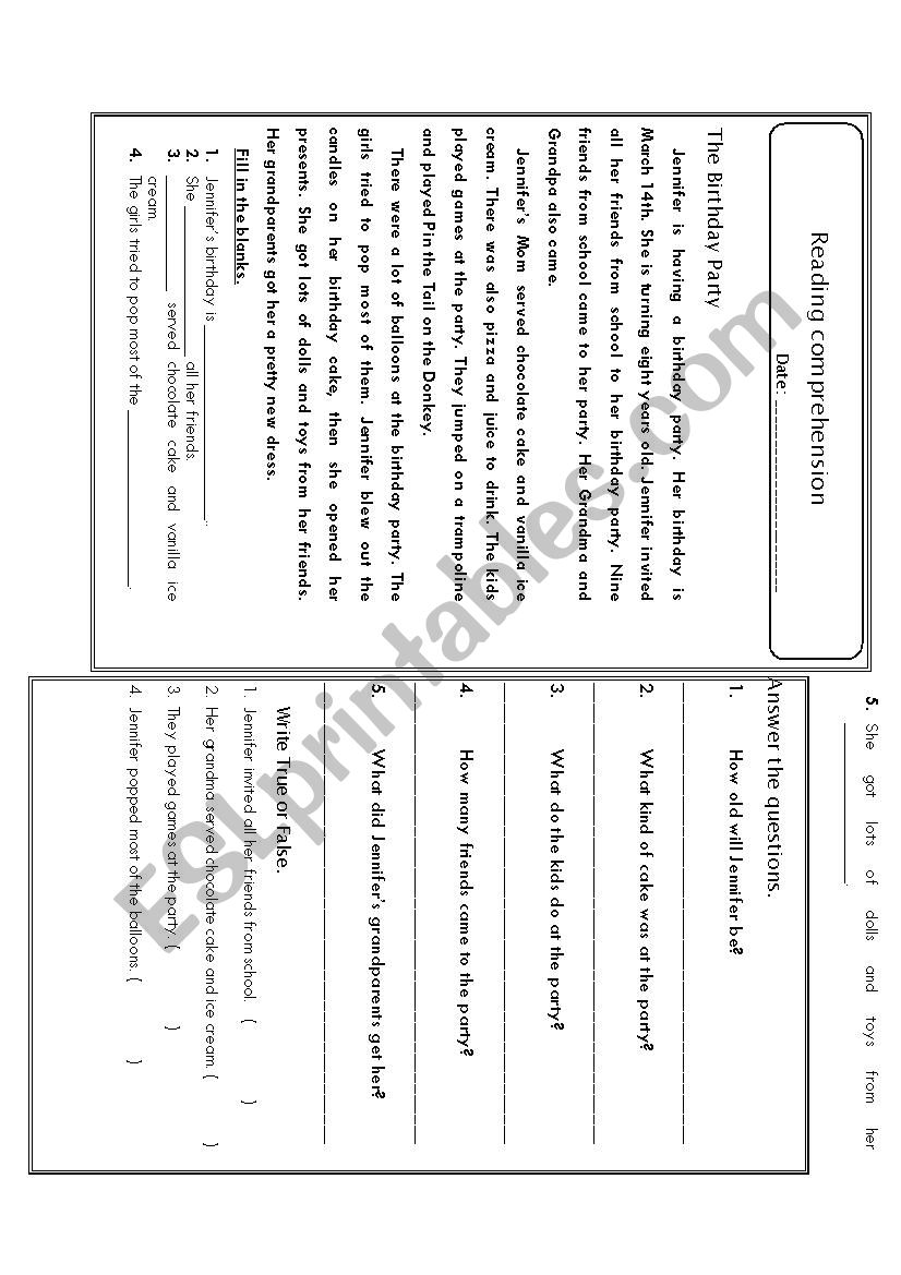 reading comprehension worksheet