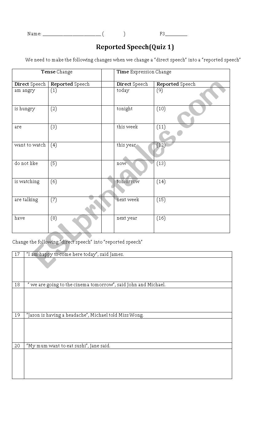 Reported Speech (Quiz) worksheet