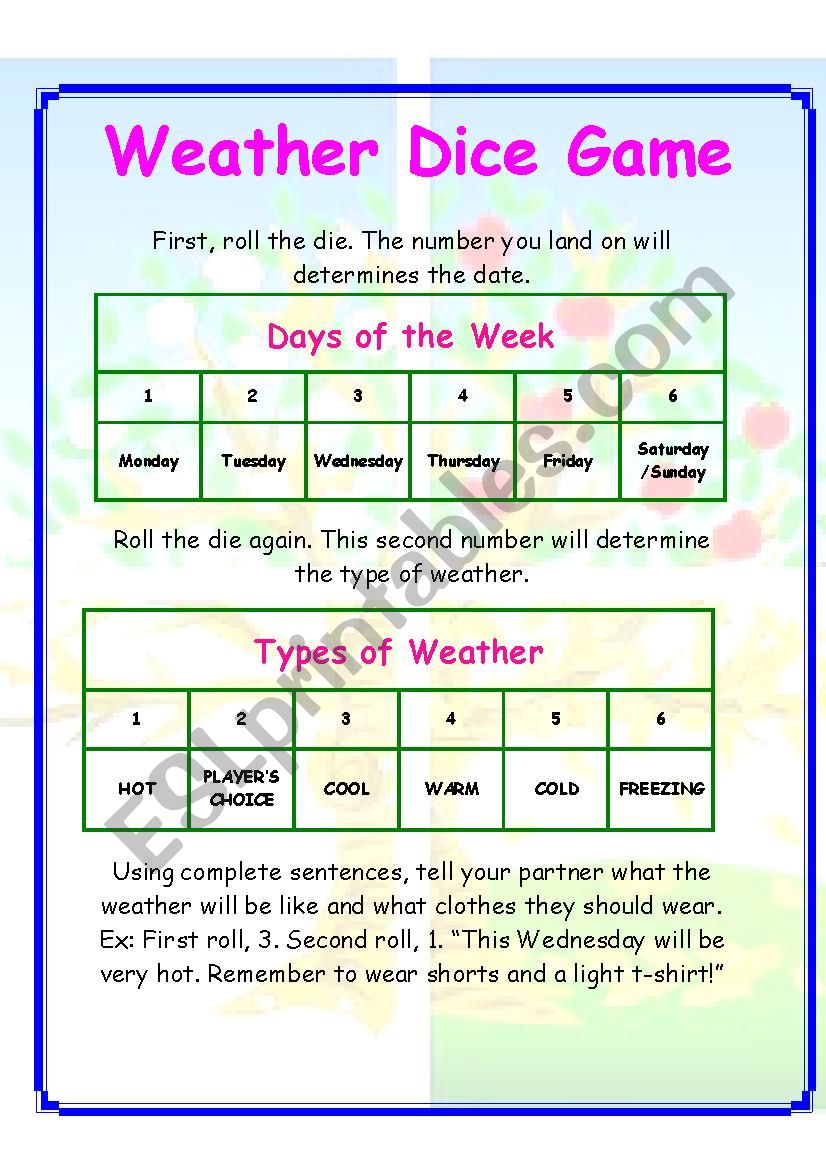 Weather Dice Game worksheet