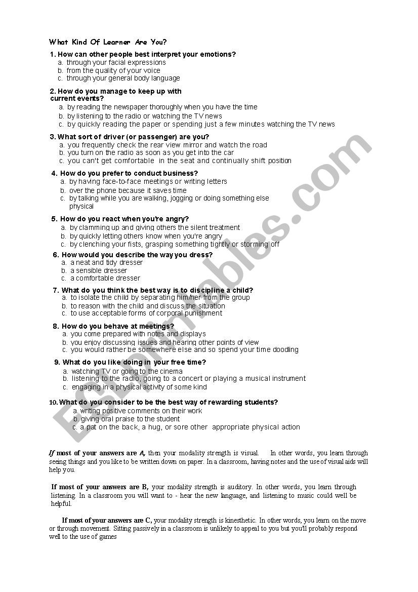 What kind of Learner are you? worksheet