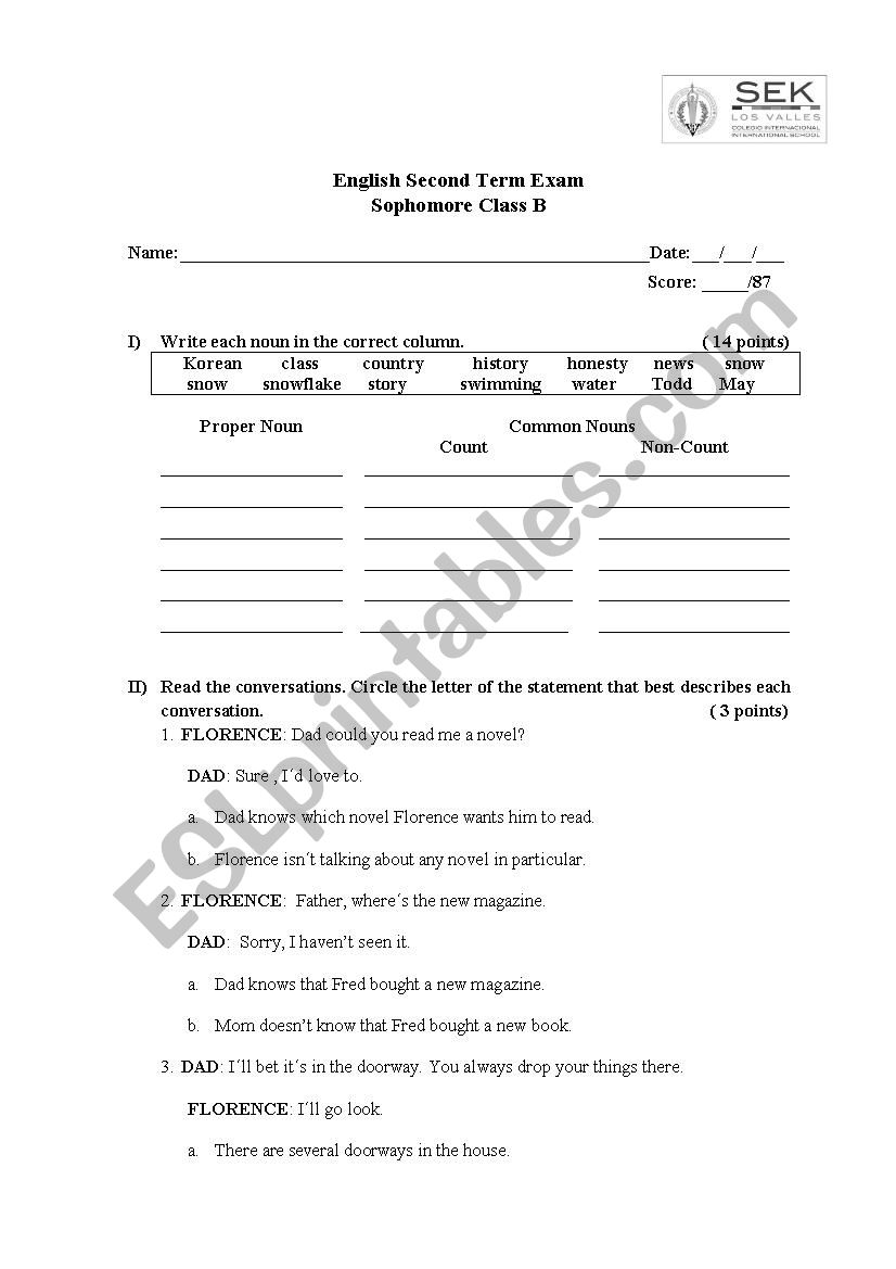 Junior Term Test              worksheet