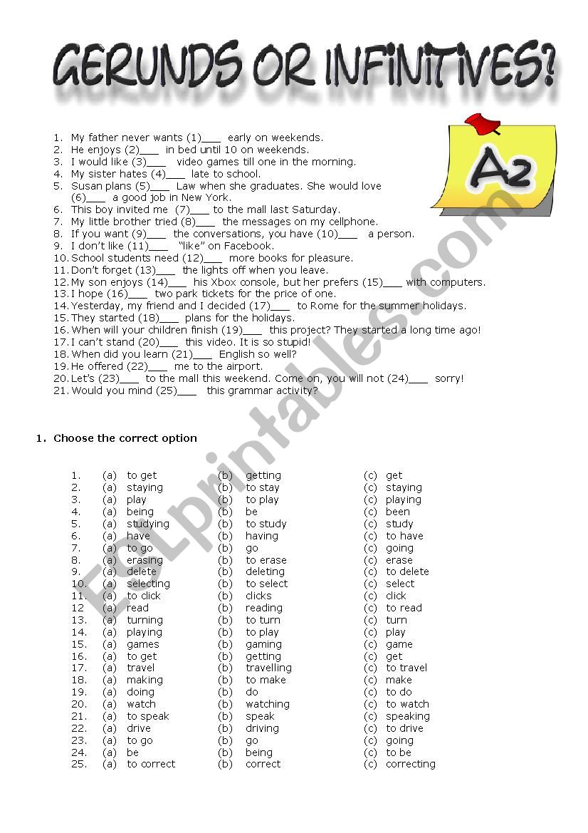 Gerunds or Infinitives?   worksheet