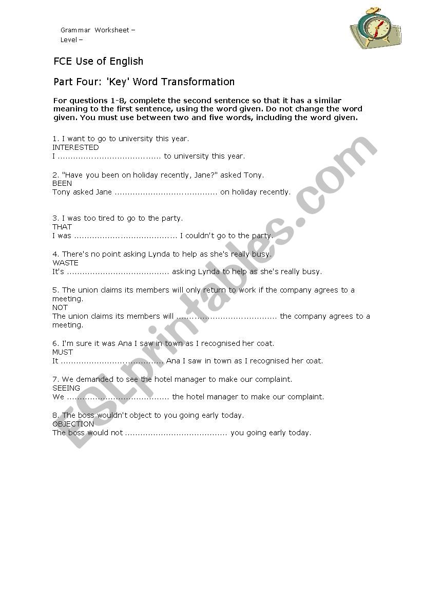 FCE Key word transformation worksheet