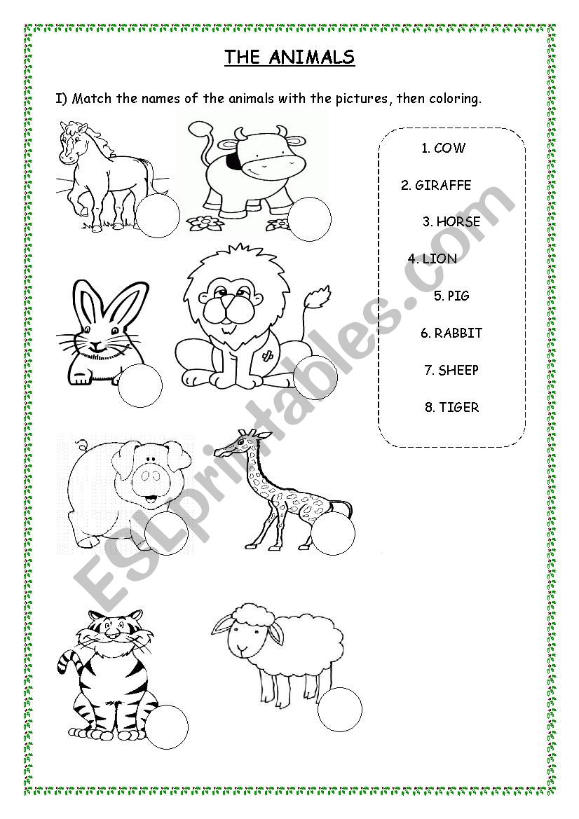 The animals  worksheet