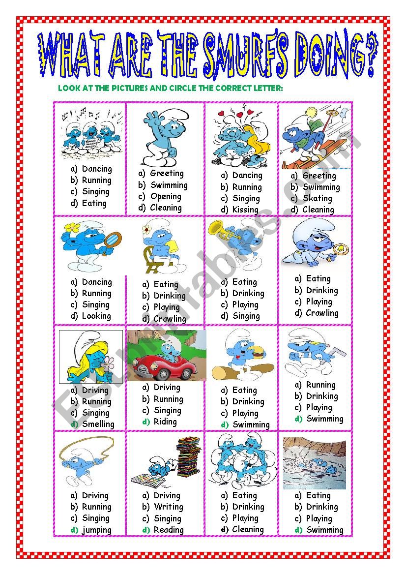 WHAT ARE THE SMURFS DOING ? worksheet