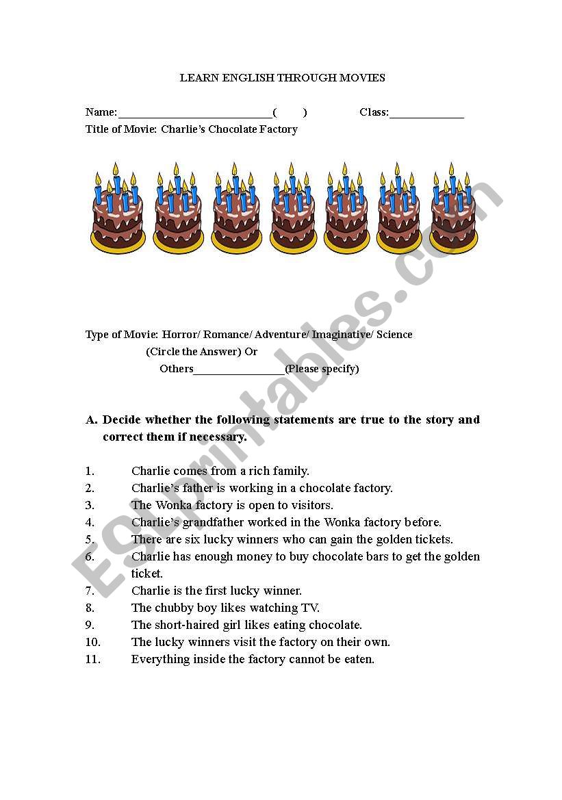 Charlies chocolate factory worksheet