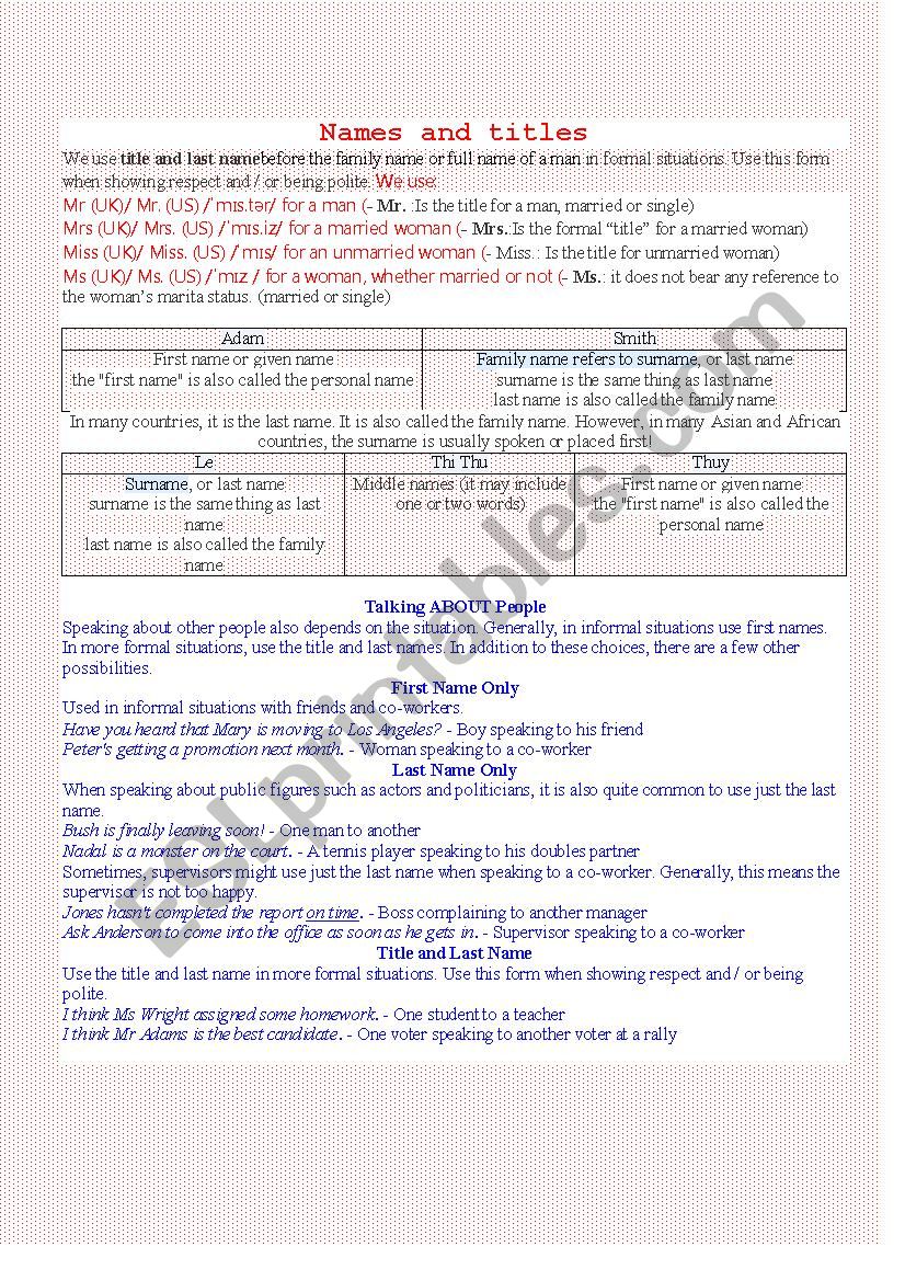 Names and titles worksheet