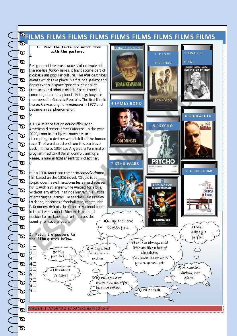 Famous films and film quotes worksheet