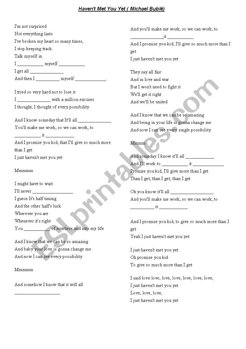 Just havent met you yet worksheet