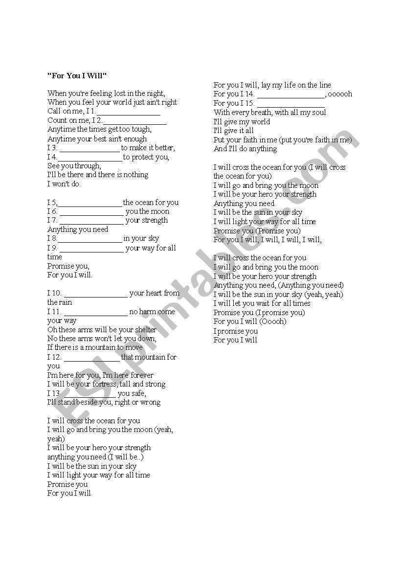 For You I Will worksheet