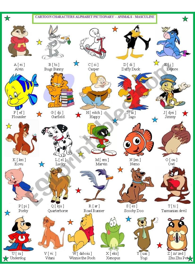 Cartoon Characters Pictionary -male 1 - ESL worksheet by INNAina