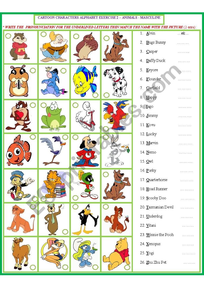 Cartoon Characters Matching Exercise -male 3