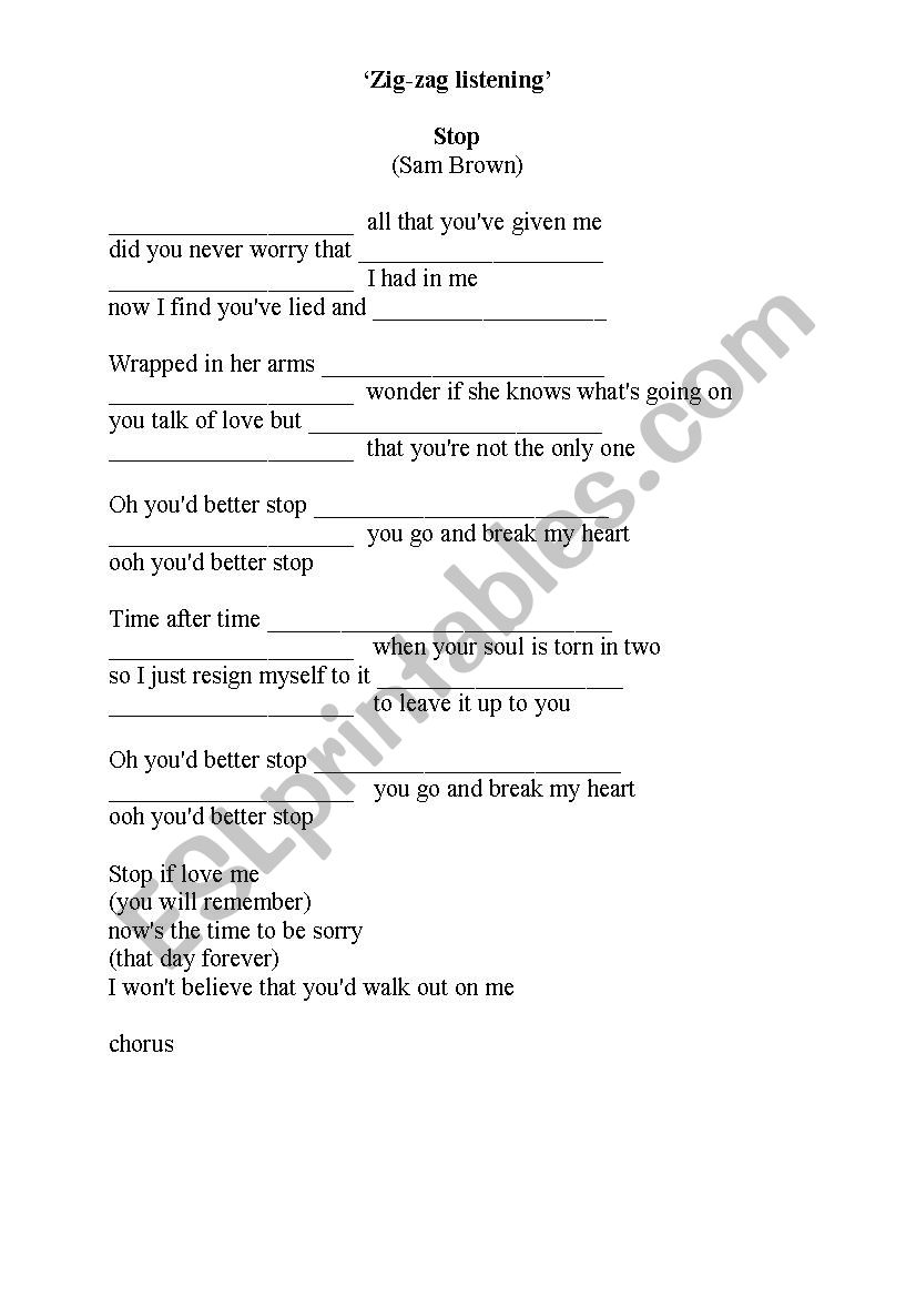 Sam Brown - Stop worksheet