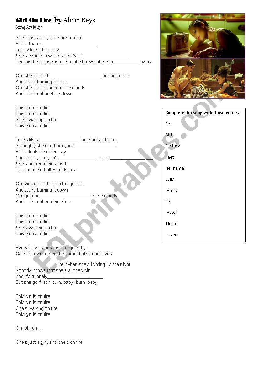 Girl on fire by Alicia Keys worksheet