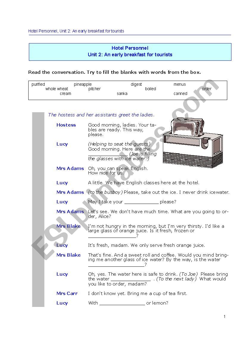 Hotel Personel unit 2 worksheet