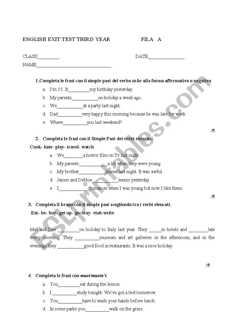 exit test worksheet