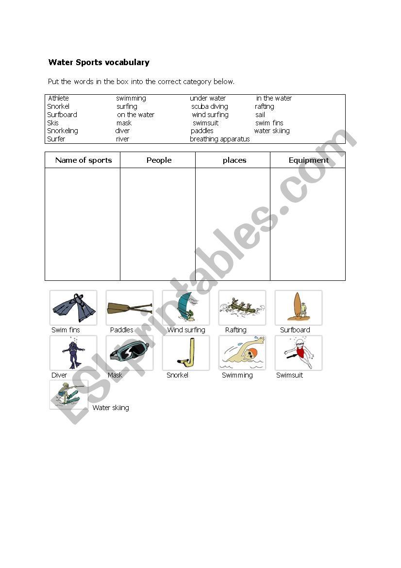 Water Sports Vocab worksheet