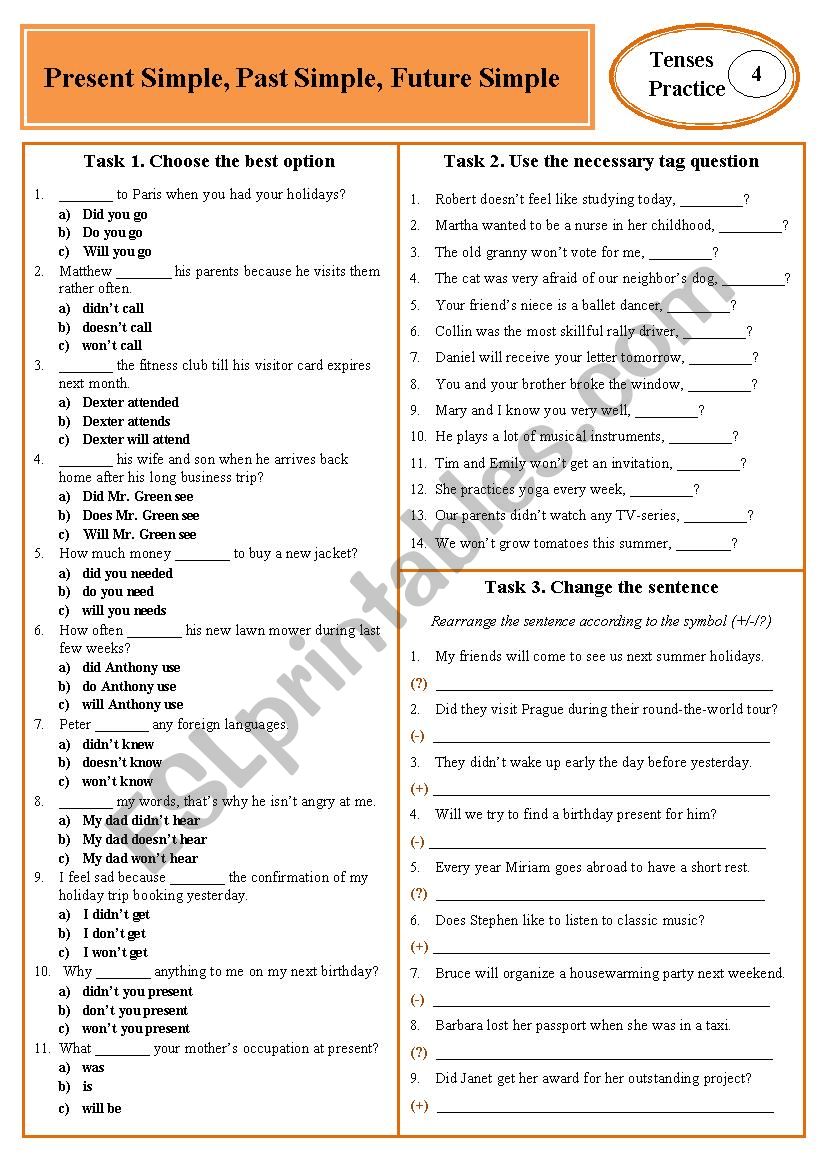 Tenses Practice 04 - Simple Tenses (Present Simple, Past Simple, Future Simple) Tenses Practice 04 - Simple Tenses (Present Simple, Past Simple, Future Simple)