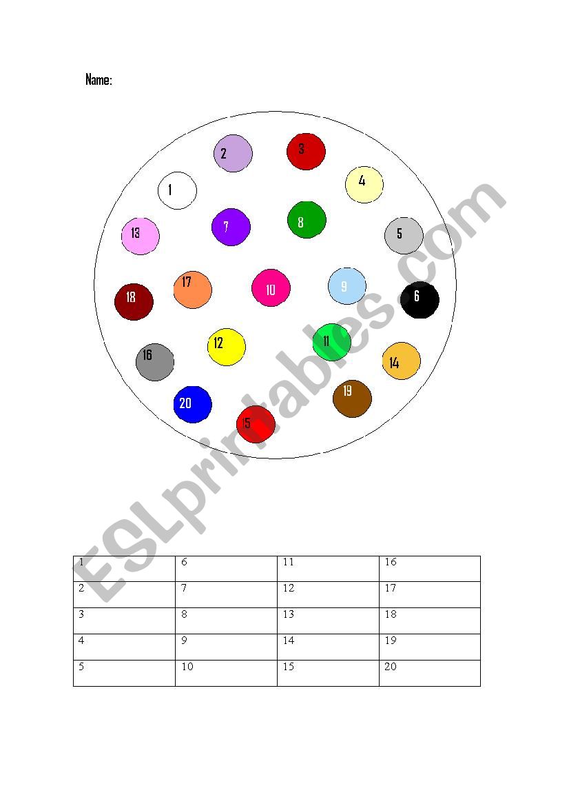 Colour 0-20 worksheet